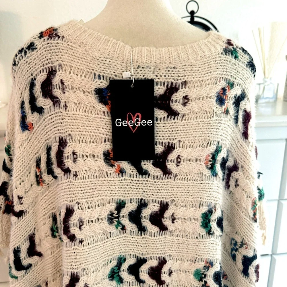 GeeGee Chunky Knit Colorful Tassel Poncho Size Large